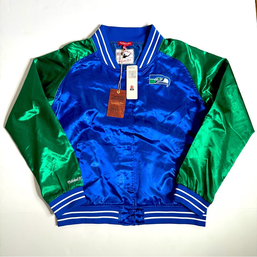 NWT Seattle Seahawks Mitchell & Ness Womens Satin Raglan Full-Snap Jacket Royal